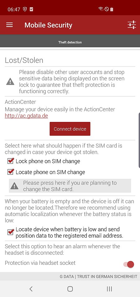 Screenshot G DATA Mobile Security Android – Theft detection