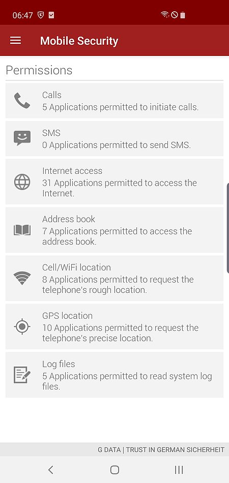 Screenshot G DATA Mobile Security Android – Permissions