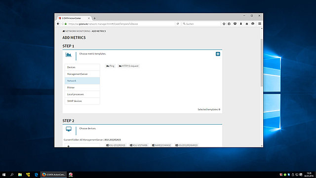 Screenshot G DATA Action Center – Add metrics