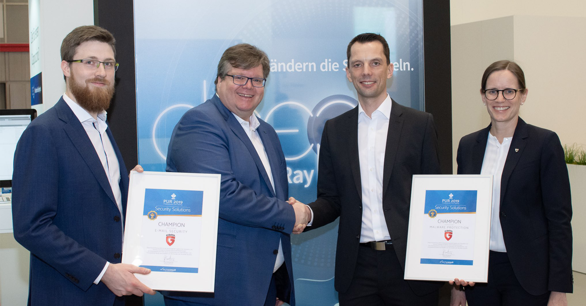(f. l. t. r.) Marco Becker, Senior Analyst (techconsult GmbH) | Olaf Raßmus, Director Sales & Consulting (techconsult GmbH) | Hendrik Flierman, G DATA Global Sales Director | Dr. Daniela Kalkühler, G DATA Senior Global Marketing Manager B2B (f. l. t. r.) Marco Becker, Senior Analyst (techconsult GmbH) | Olaf Raßmus, Director Sales & Consulting (techconsult GmbH) | Hendrik Flierman, G DATA Global Sales Director | Dr. Daniela Kalkühler, G DATA Senior Global Marketing Manager B2B