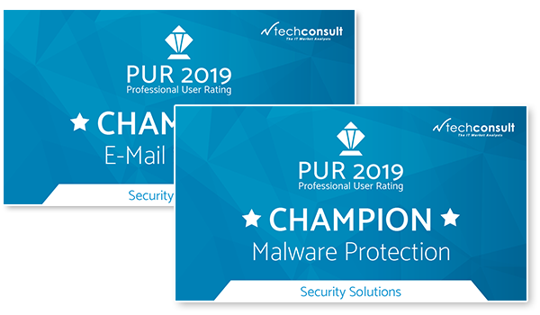 Auszeichnung techconsult Professional User Rating 2019 „Malware Protection“ und „E-Mail Security“